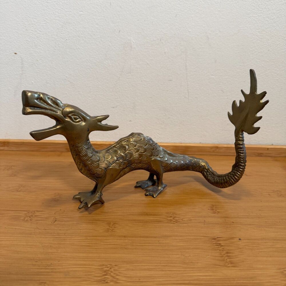 Brass Dragon Statue 10" Heavy 1lb 13oz Made in India Figurine Sculpture Decor